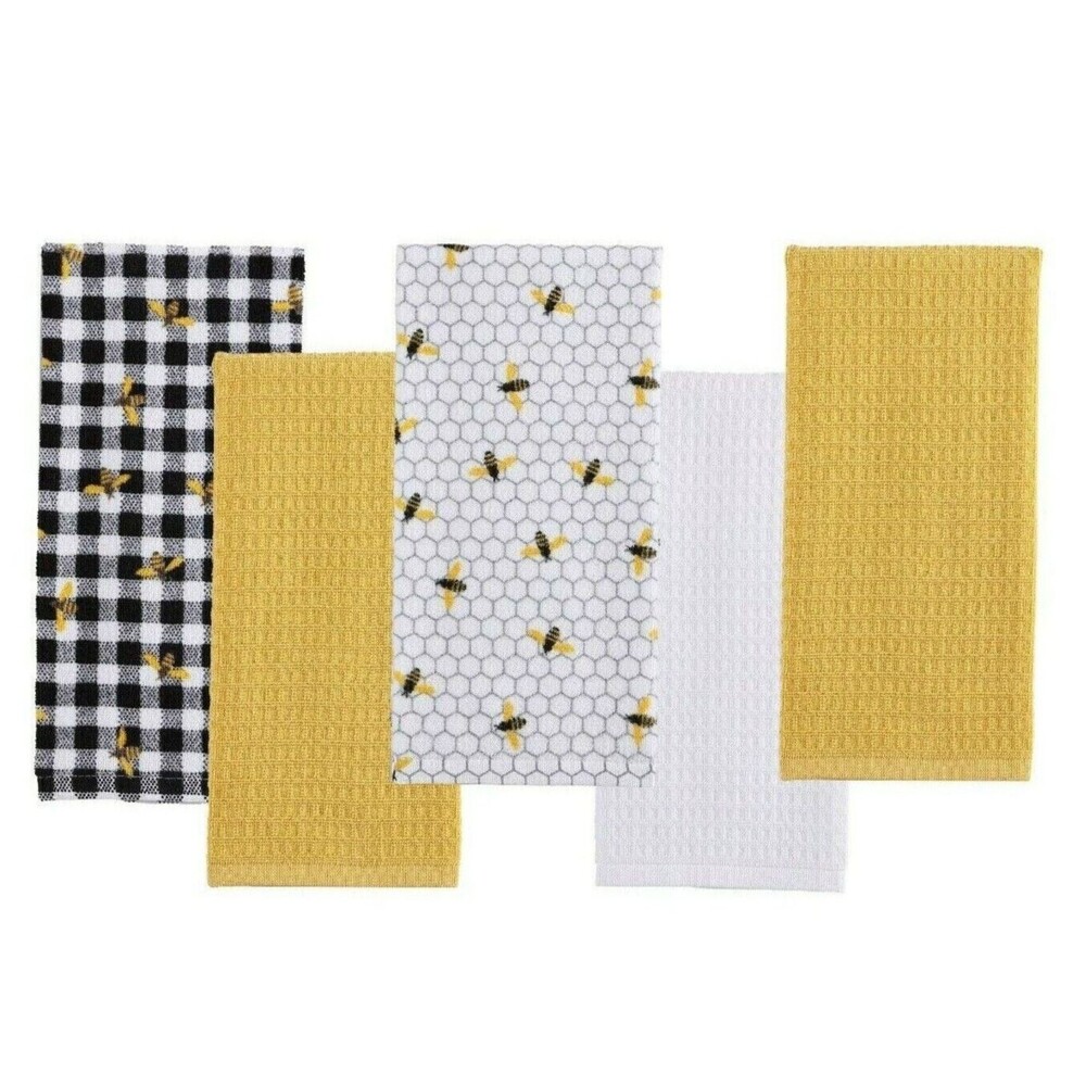 Honeybee Kitchen Towels 5-Pc Honeycomb White Black Checks Yellow Cotton Gift NEW